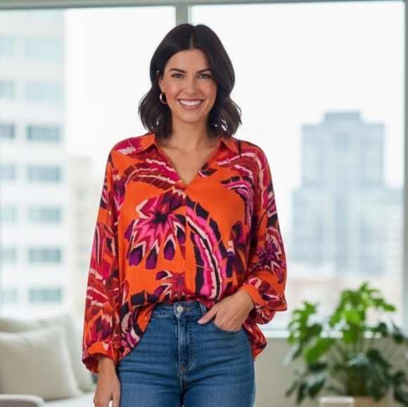 JODIFL Tops - JODIFL Bold Orange and Pink Blouse